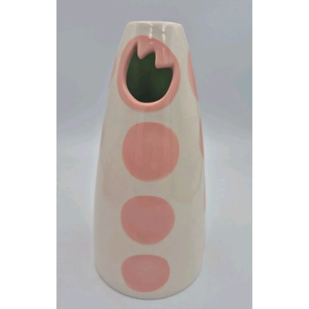 Russ Berrie Pink & White Polka Dot Vase w/ Tulip Cut Out 8 3/8